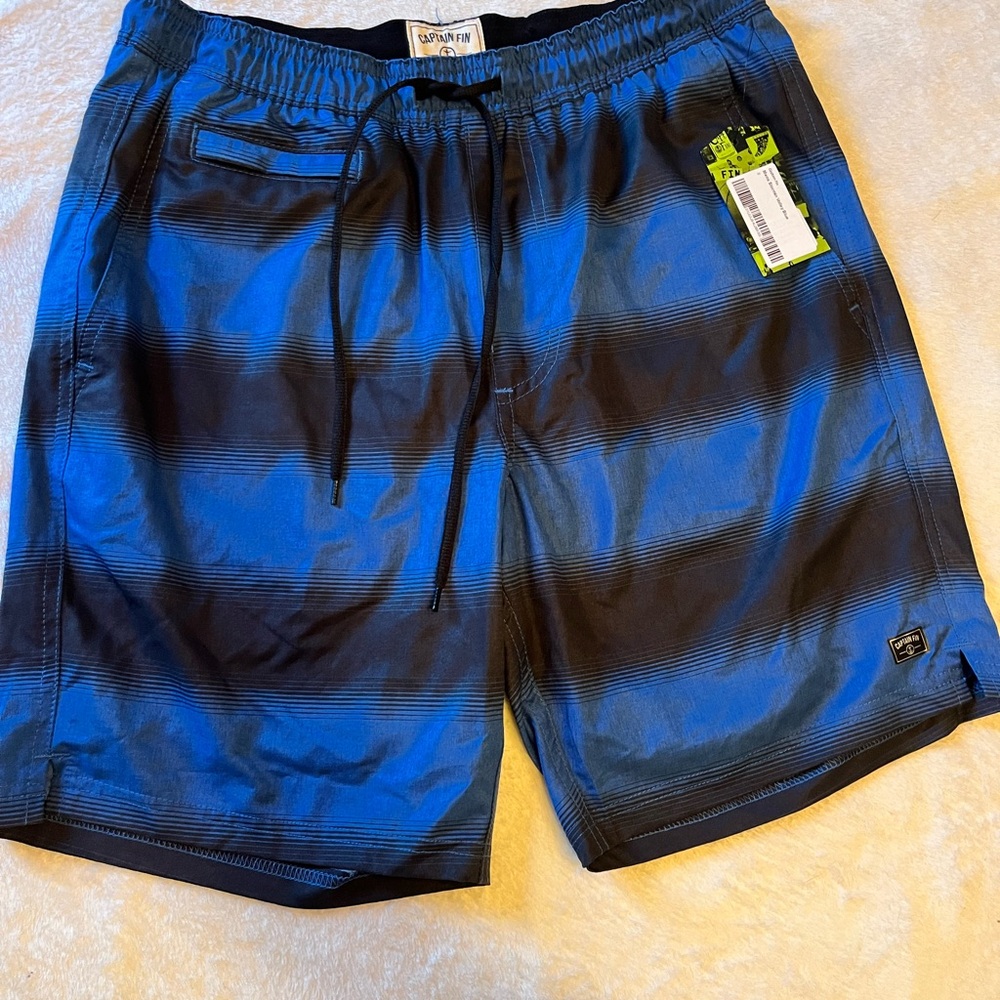 Captain Fin Men's Blue Black Striped Swim Trunks